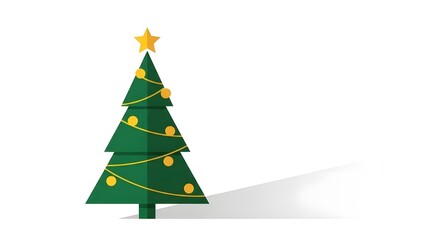 Fototapeta premium A simple, flat design Christmas tree in deep green. Decorated with a yellow star, gold garland, and small ornaments. Set against a clean white background with a subtle shadow.