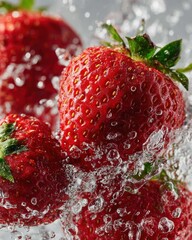 Fresh Juicy Strawberries Splashing in Water with Bubbles