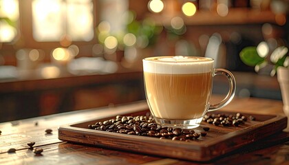 Warm latte art coffee with frothy cream and roasted beans on a wooden tray in a cozy cafe with soft bokeh lighting and green plant
