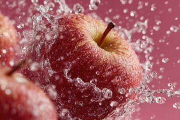 Fresh Red Apple Splashing Water against Pink Background
