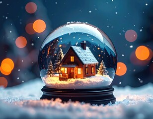 Snow globe with cozy cabin. Snowy winter scene with warm lights