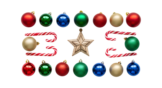 Festive christmas ornaments and candy canes arranged on black background