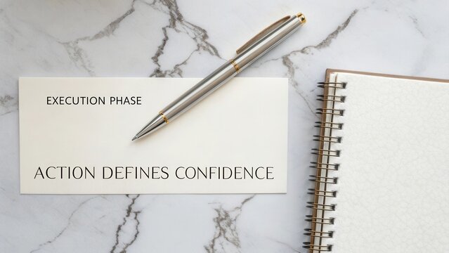 Elegant Workspace with Pen and Notepad Showcasing Action Defines Confidence in Execution Phase for Business Motivation and Productivity