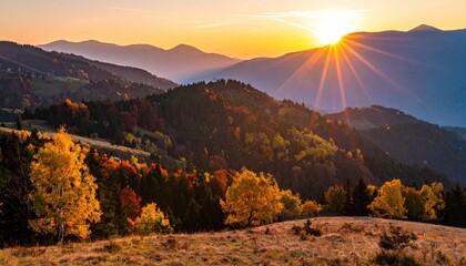 Autumn sunrise over mountain ranges