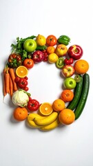 Fruit/veg arranged in a 'D' shape, vibrant, white ground