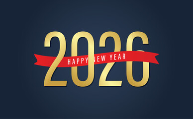 Happy New Year 2026 luxurious gold text design with a festive red ribbon banner on a dark background