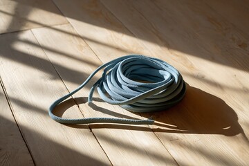 Coiled Blue Resistance Band on a Sunlit Wooden Floor