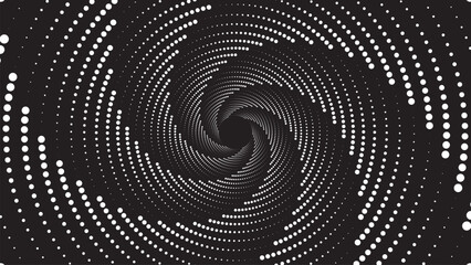 White dots forming a hypnotic spiral vortex pattern on a black background; abstract halftone tunnel
