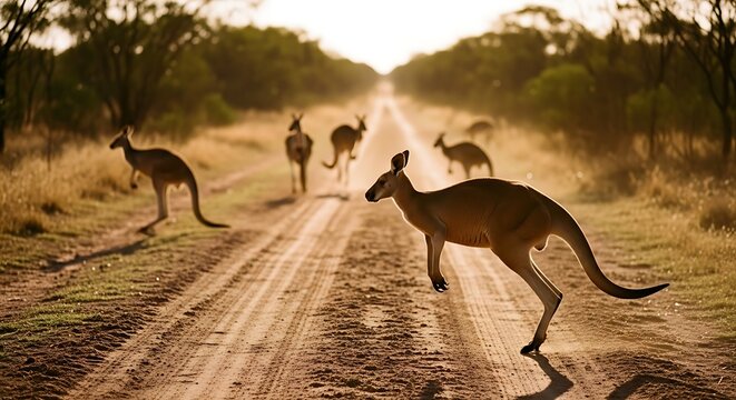 Kangaroos crossing a dirt road in the Australian outback.