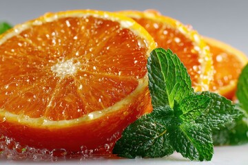 Fresh Orange Slices Garnished with Green Mint Leaves on Table