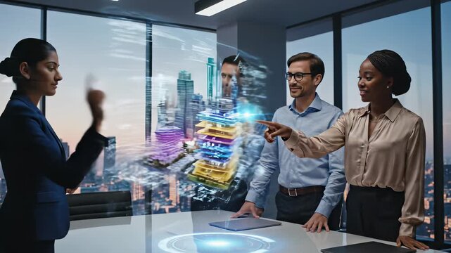 Technological innovation and global connectivity are perfectly captured in this visually striking 4K, UHD video featuring three individuals standing around a futuristic sphere in a conference.