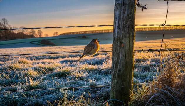 Robin Perched at Sunrise A Winter Field Scene