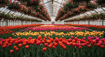 A vibrant array of colorful blooming flowers flourishing within a sunlit greenhouse, creating a serene botanical sanctuary ,flora ,nature ,thriving