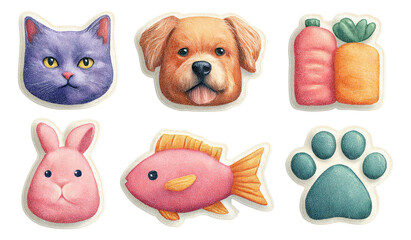 Colorful Animal and Pet Stickers Featuring Cat, Dog, Rabbit, Fish, and Paw Print
