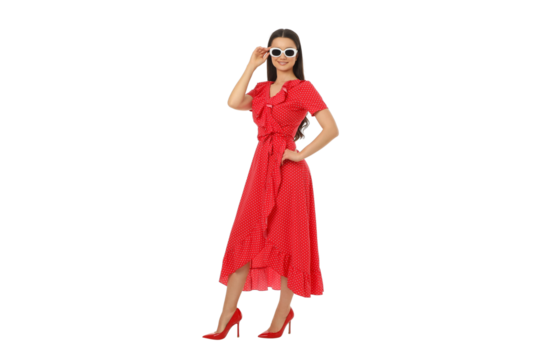 Chic woman showcases red dress and accessories, on white, PNG - Powered by Adobe