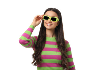 Smiling woman adjusts sunglasses in vibrant outfit, isolated, PNG