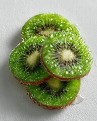 Freshly Cut Kiwi Slices with Water Droplets on White Surface