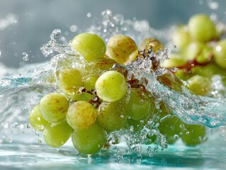 Fresh Green Grapes Splashing in Clear Water with Bubbles and Ripples