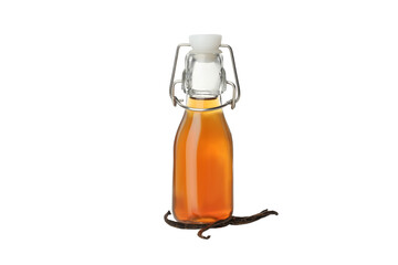 Clear glass bottle holds aromatic vanilla extract, isolated, PNG