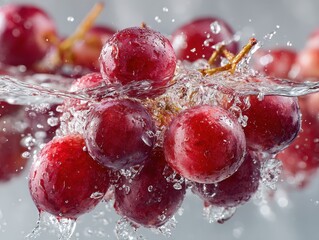 Fresh Red Grapes Splashed in Water with Raindrops and Bubbles