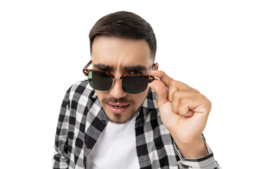 Confident man in shades and checkered shirt, isolated, PNG