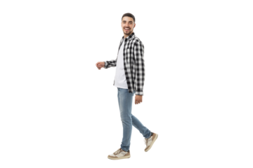 Smiling young man in casual attire walking forward, isolated, PNG