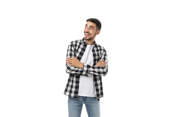Young man shows joy and confidence with crossed arms, isolated, PNG