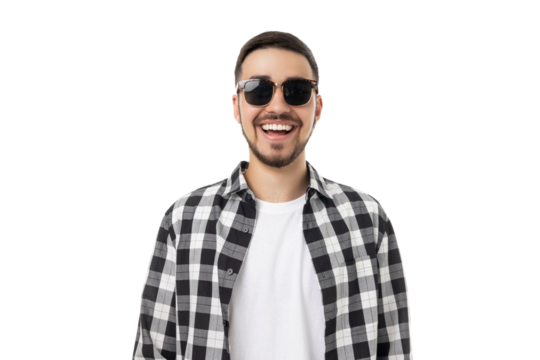 Joyful man in sunglasses shows casual style, isolated, PNG