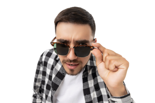 Confident man in shades and checkered shirt, isolated, PNG