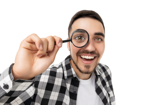 Man smiles joyfully with a magnifying glass, isolated, PNG - Powered by Adobe