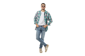 Man in casual clothes smiles with hands in pockets, isolated, PNG