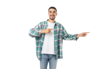 Young man smiling and gesturing with his hands happily, isolated, PNG