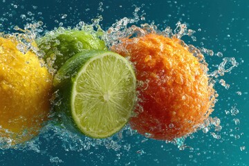 Fresh Citrus Fruits Splashing in Water with Vibrant Colors