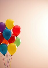 A vibrant assortment of inflated, multi-colored balloons gently ascends against a soft, bright background, symbolizing joy and celebration ,helium ,cluster ,decoration