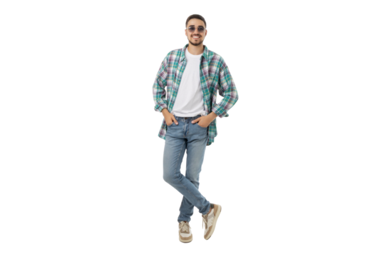 Man in casual clothes smiles with hands in pockets, isolated, PNG