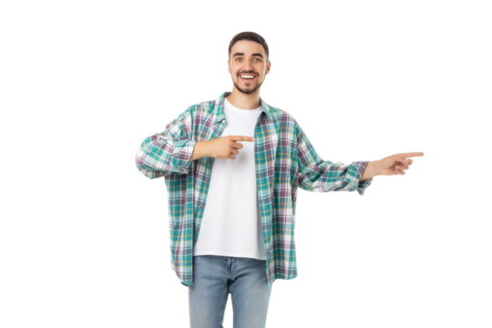 Young man smiling and gesturing with his hands happily, isolated, PNG