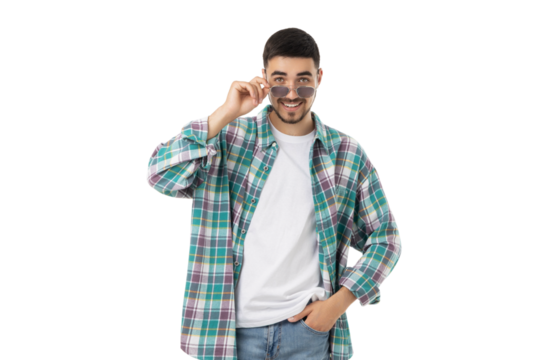 Man smiling, adjusting sunglasses in casual wear, isolated, PNG