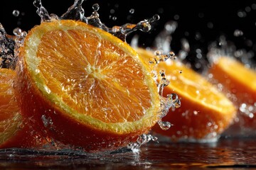 Fresh Orange Slices Splashing in Water Against Black Background