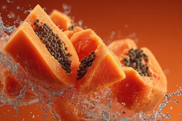 Fresh Papaya Chunks Splashing in a Burst of Water Against Orange Background