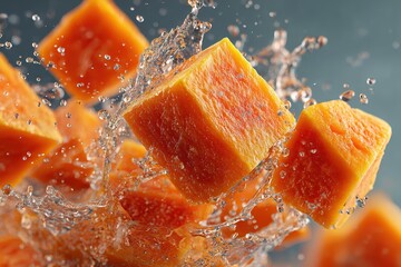 Fresh Cubes of Orange Mango Splashing in Water Against Gray Background