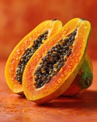 Fresh Cut Papaya on Vibrant Background with Seeds and Juicy Flesh