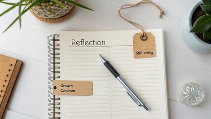 Thoughtful reflection on personal growth with writing tools and greenery for inspiration in a minimalist workspace setting