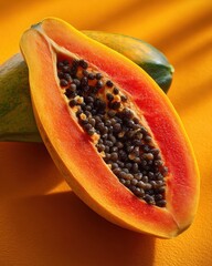 Vibrant Papaya Fruit Halved Revealing Bright Orange Flesh and Seeds