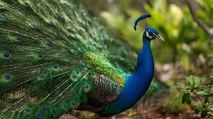 Obraz premium A vibrant peacock displaying its elaborate tail feathers in a lush green natural environment setting