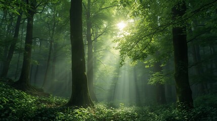 Sunlight piercing through a misty green forest creating beautiful light rays and an ethereal atmosphere on a serene morning.
