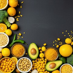 A vibrant assortment of yellow plant-based ingredients creating a wholesome and appealing meal, full of natural color and nutrition ,flavorful ,organic ,mindful eating