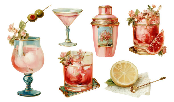 Elegant Vintage Cocktail Collection on Transparent Background with Floral Accents