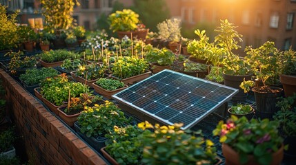 Rooftop garden with solar panel at sunset.