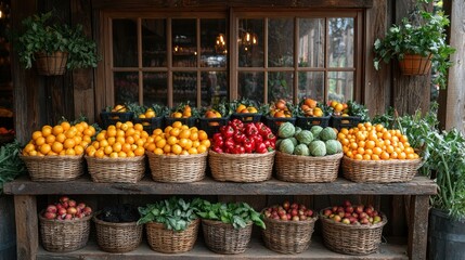 Fresh produce displayed in baskets outside a rustic wooden farm shop.