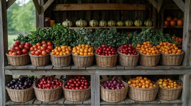 Colorful baskets of fresh produce displayed on wooden shelves at a farm stand.